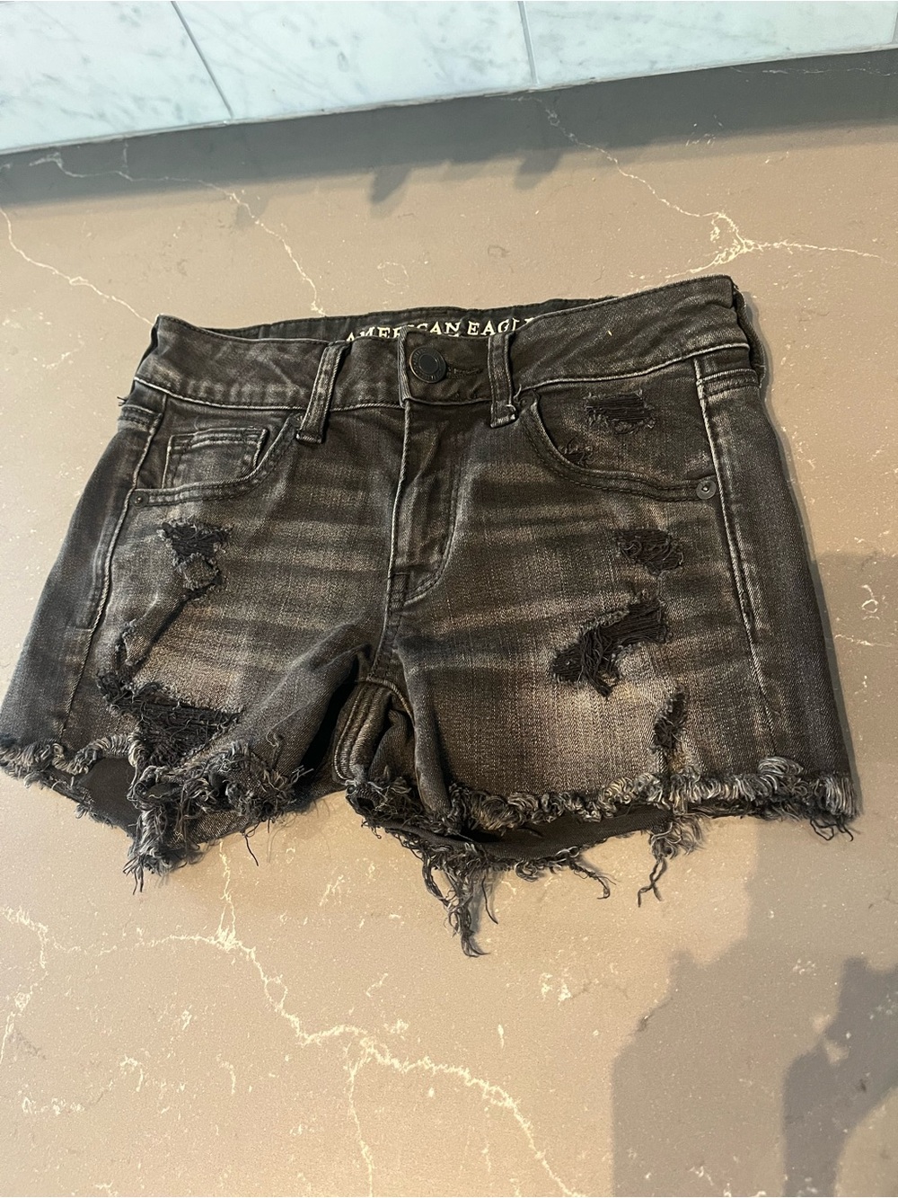American Eagle Black Distressed Midi Waist Super Stretch Denim Shorts Frayed Hem